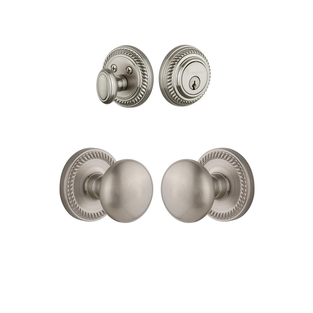 Grandeur by Nostalgic Warehouse Single Cylinder Combo Pack Keyed Differently - Newport Rosette with Fifth Avenue Knob and Matching Deadbolt in Satin Nickel